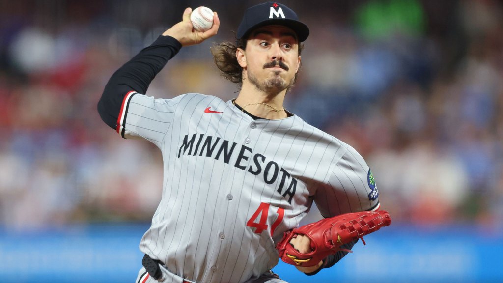 Sep 26, 2025; Philadelphia, Pennsylvania, USA; Minnesota Twins pitcher Joe Ryan (41) throws a pitch during the second inning against the Philadelphia Phillies at Citizens Bank Park. Mandatory Credit: Bill Streicher-Imagn Images