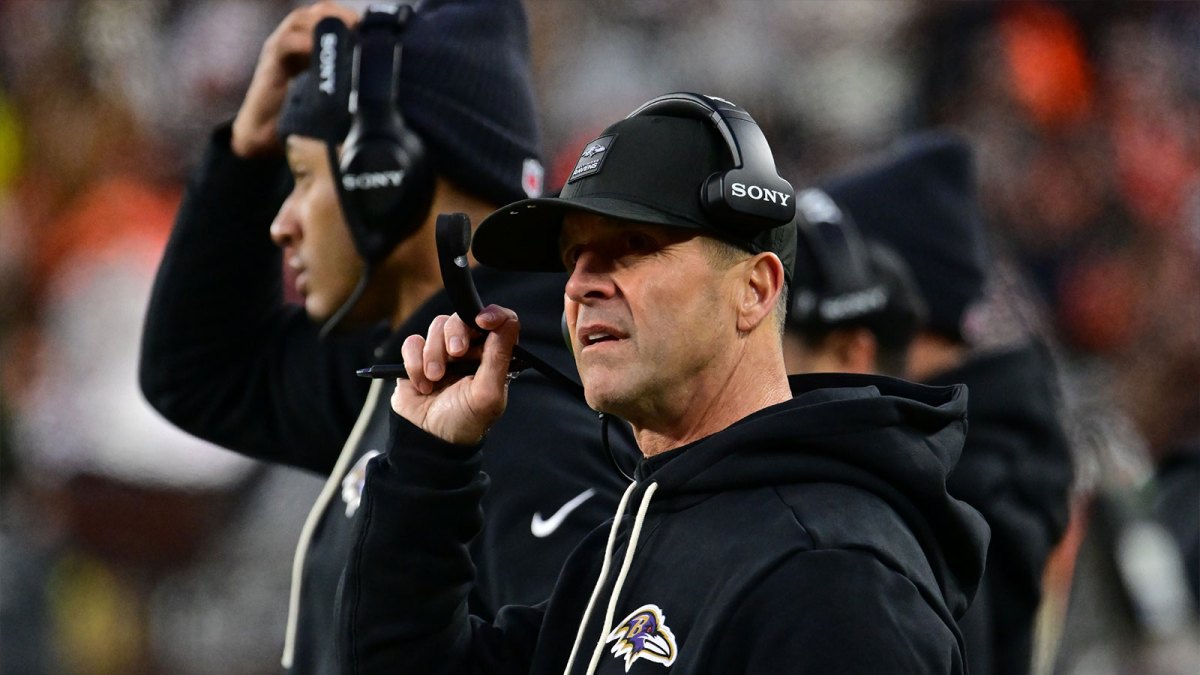 Baltimore Ravens head coach John Harbaugh stands on the sidelines during the second quarter against the Cleveland Browns at Huntington Bank Field.