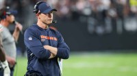 Chicago Bears head coach Ben Johnson looks on from the sideline during the second half against the Las Vegas Raiders at Allegiant Stadium