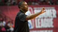 Cleveland Cavaliers Summer League head coach Damon Jones gestures during an NBA Summer League game against the Los Angeles Lakers at Thomas & Mack Center.