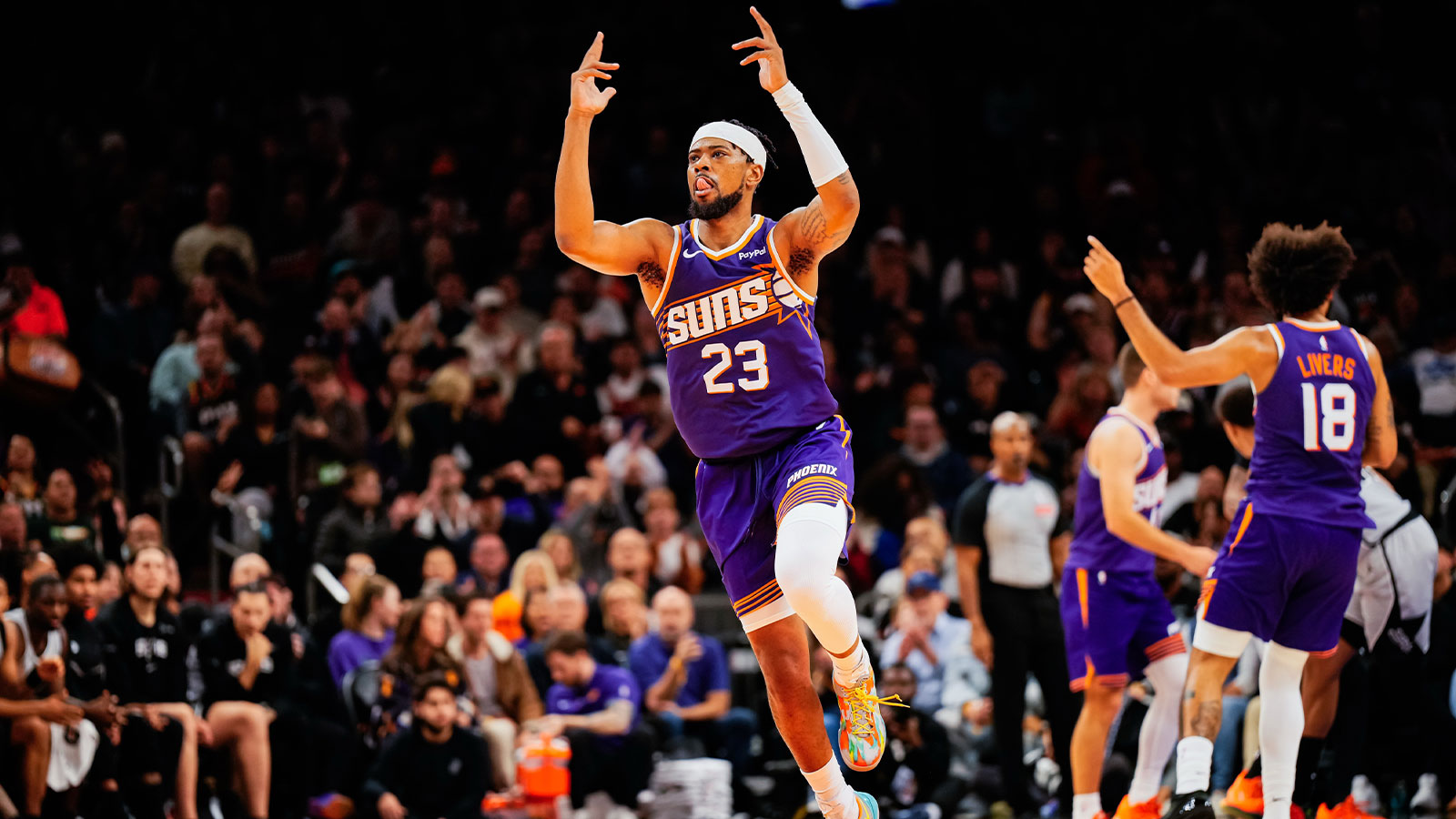 Phoenix Suns guard Jordan Goodwin (23) celebrates a three point shot in the second half of the game at Mortgage Match Up Center.
