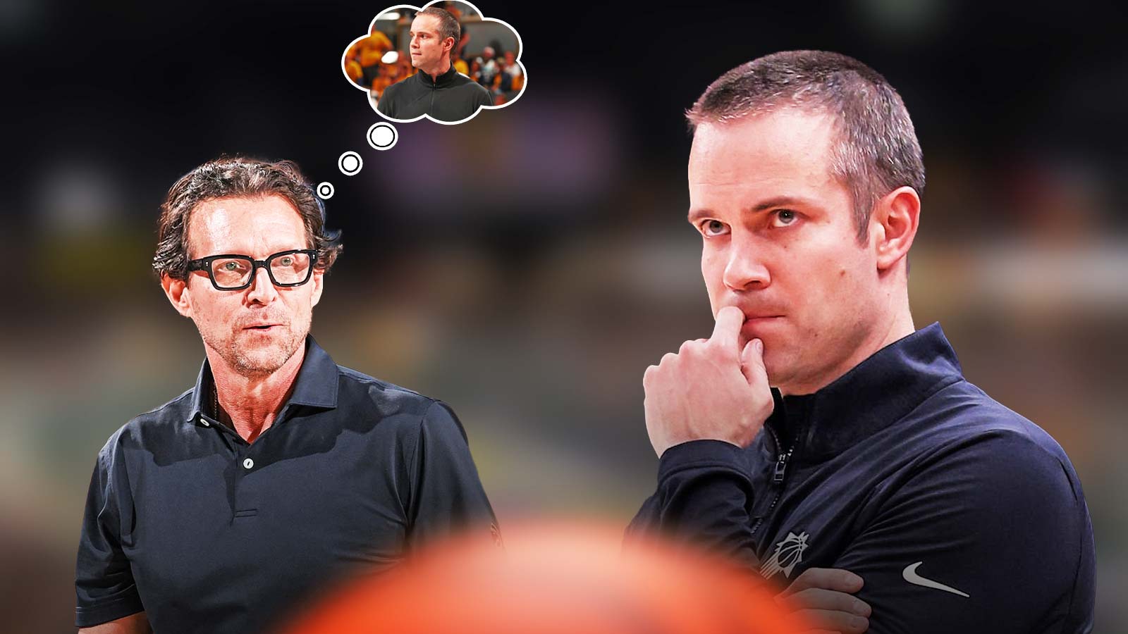 Phoenix Suns head coach Jordan Ott and Atlanta Hawks head coach Quin Snyder standing next to each other. There's a thought bubble above Snyder's head of Jordan Ott coaching