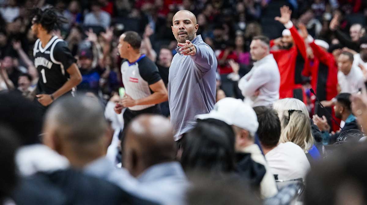 Brooklyn Nets Head Coach Jordi Fernandez points over to the bench during the second quarter against the Toronto Raptors at Scotiabank Arena.