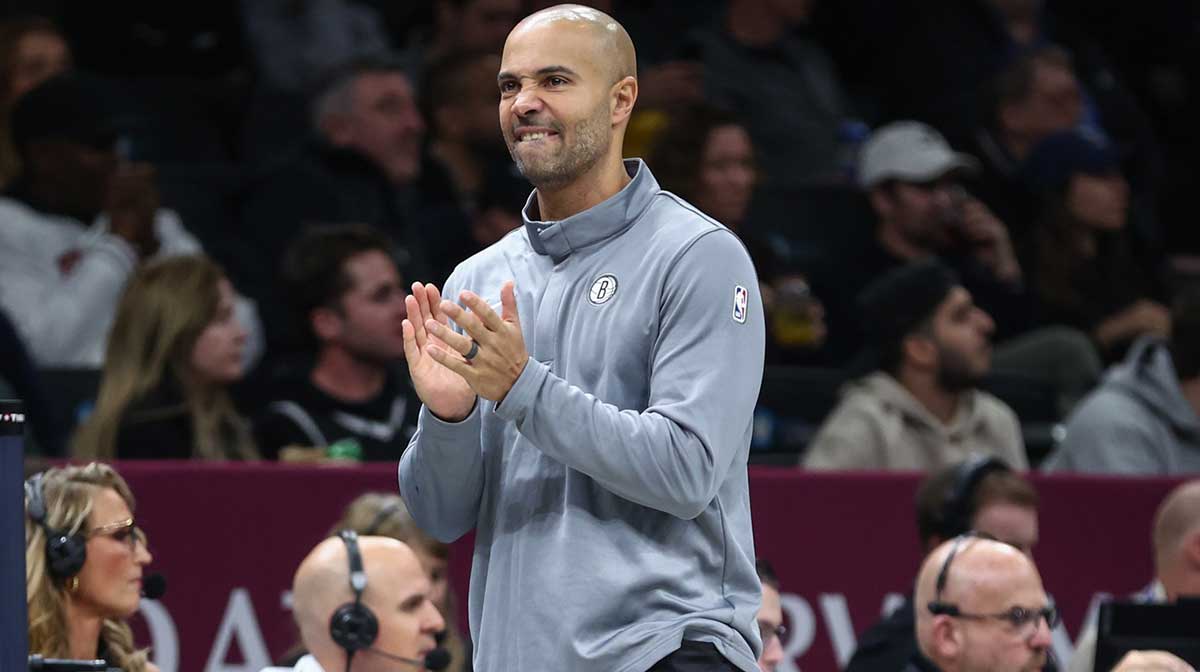 Brooklyn Nets head coach Jordi Fernandez reacts to a call in the first quarter against the Atlanta Hawks at Barclays Center.
