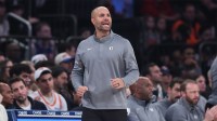 Brooklyn Nets head coach Jordi Fernandez yells out instructions in the first quarter against the New York Knicks at Madison Square Garden.