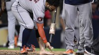 Houston Astros second baseman Jose Altuve (27) points at his foot after grounding out during the ninth inning against the San Diego Padres at Petco Park.