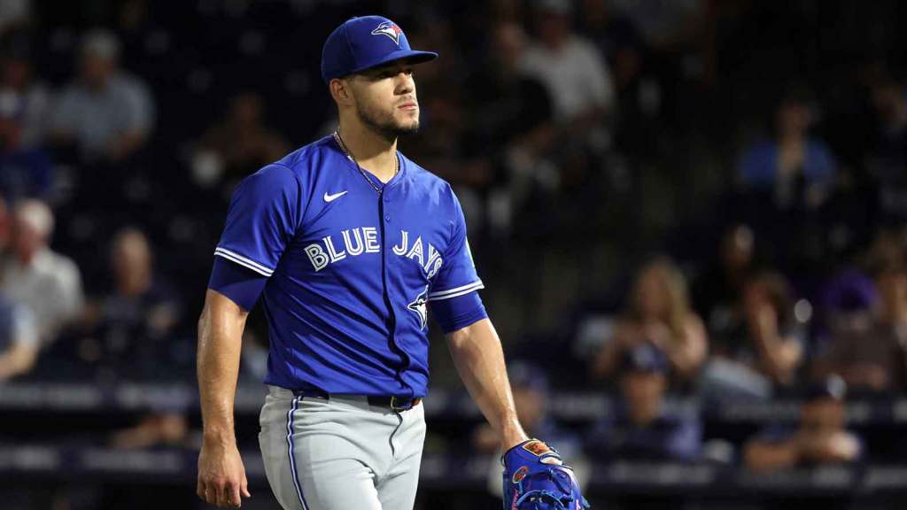 Toronto Blue Jays starting pitcher Jose Berrios (17) walks to the dugout after he pitched the fourth inning against the Tampa Bay Rays at George M. Steinbrenner Field.
