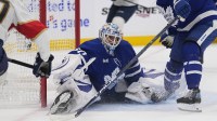 Toronto Maple Leafs goaltender Joseph Woll (60) sits on the ice after a goal by Florida Panthers forward Jesper Boqvist (70) during the second period of game five of the second round of the 2025 Stanley Cup Playoffs at Scotiabank Arena.