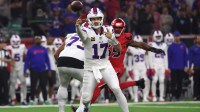 Buffalo Bills quarterback Josh Allen (17) throws a pass against the Houston Texans in the first quarter at NRG Stadium.