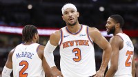 New York Knicks guard Josh Hart (3) reacts during the first half of an NBA game against the Chicago Bulls at United Center.