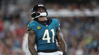 Jacksonville Jaguars defensive end Josh Hines-Allen (41) celebrates after a play during the first half against the Kansas City Chiefs at EverBank Stadium.