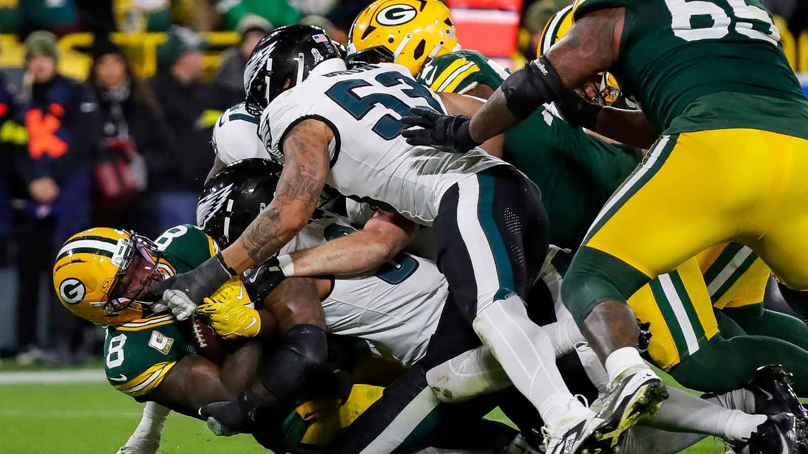 Green Bay Packers running back Josh Jacobs (8) scores a touchdown against the Philadelphia Eagles on Monday, November 10, 2025, at Lambeau Field in Green Bay, Wis. The Eagles won the game, 10-7. 