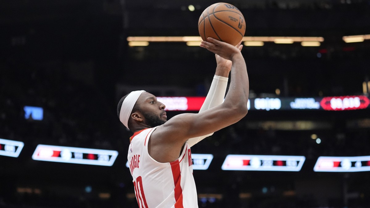Houston Rockets forward Josh Okogie (20) goes to shoot a three point basket against the Toronto Raptors during the second half at Scotiabank Arena.