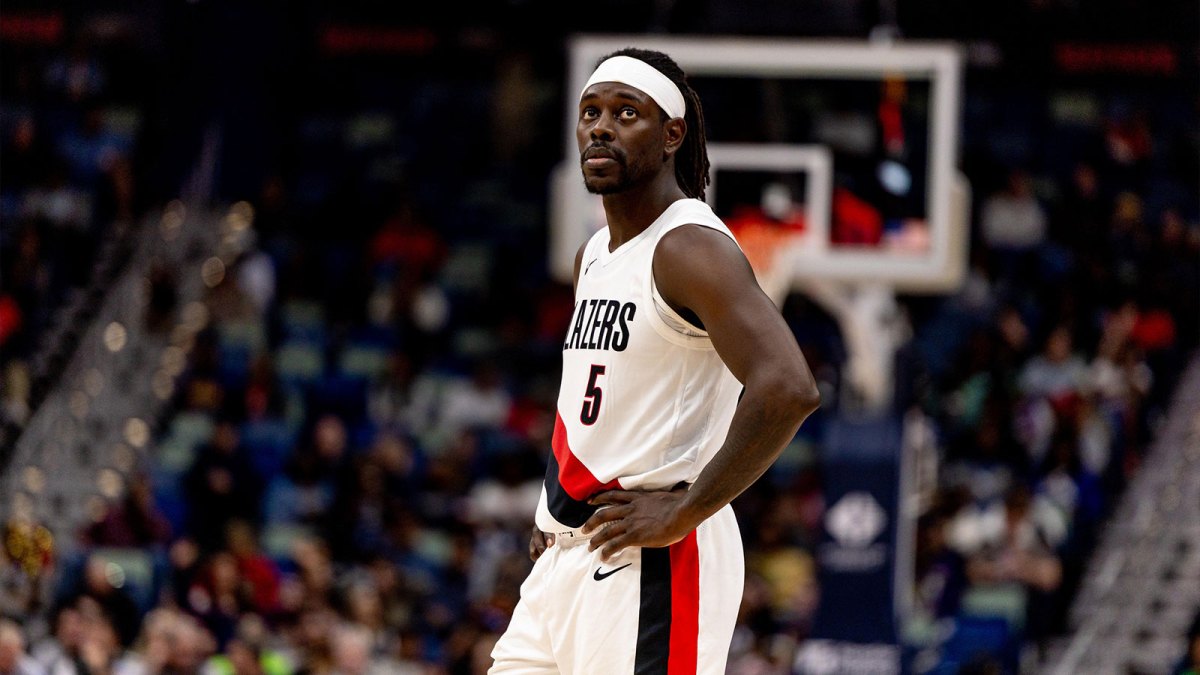 Portland Trail Blazers guard Jrue Holiday (5) looks on against the New Orleans Pelicans during the second half at Smoothie King Center.