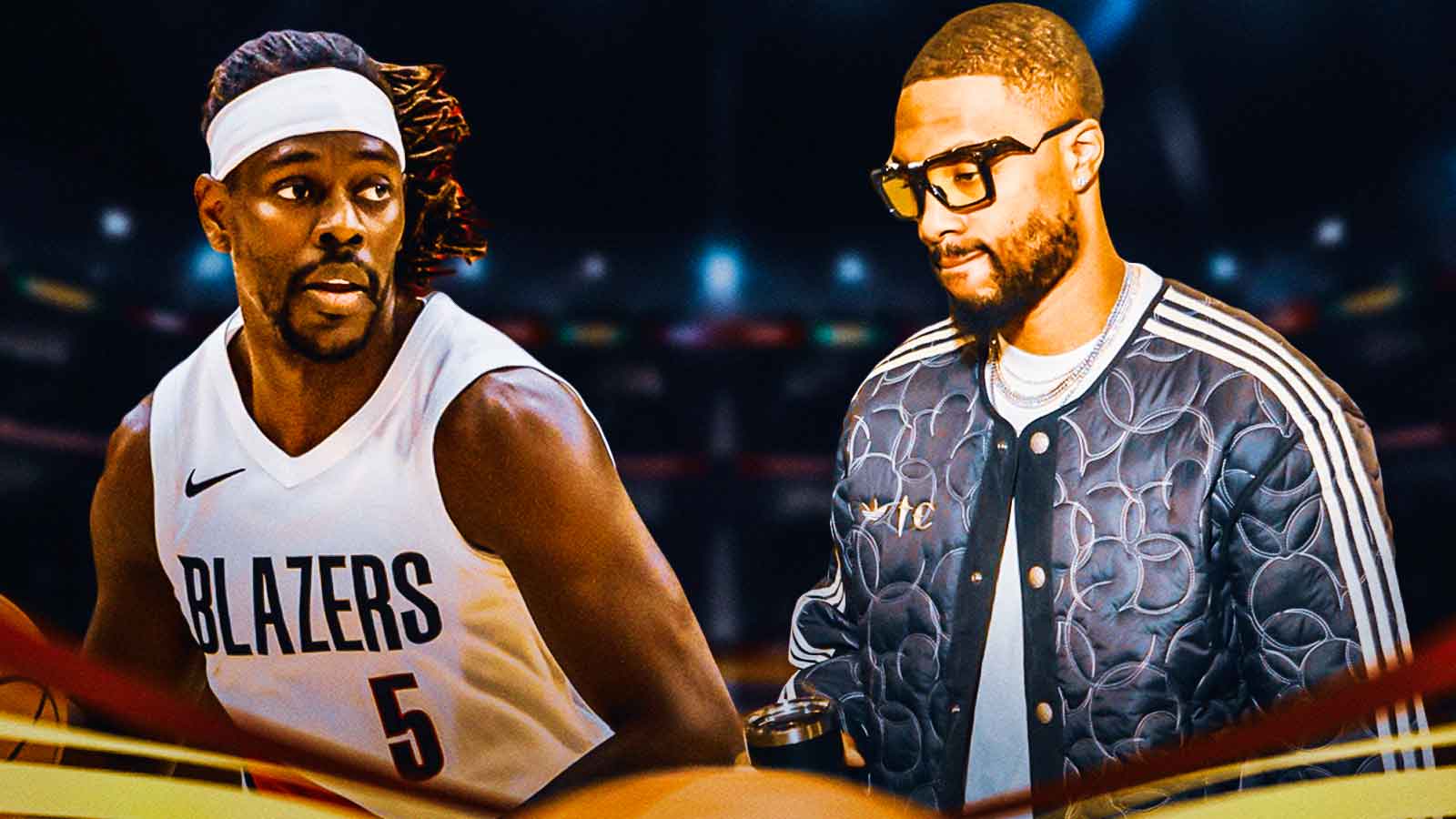 Blazers guard Jrue Holiday next to Damian Lillard in street clothes with the Blazers logo and the Portland skyline in the background