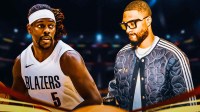 Blazers guard Jrue Holiday next to Damian Lillard in street clothes with the Blazers logo and the Portland skyline in the background