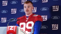New York Giants place kicker Jude McAtamney (99) during press conference at the FC Bayern Munchen training grounds at Sabener Strasse.