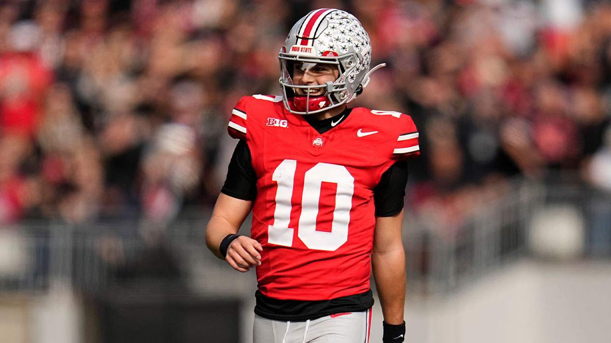 Ohio State Buckeyes quarterback Julian Sayin (10) celebrates during the NCAA football game against the Penn State Nittany Lions at Ohio Stadium in Columbus.