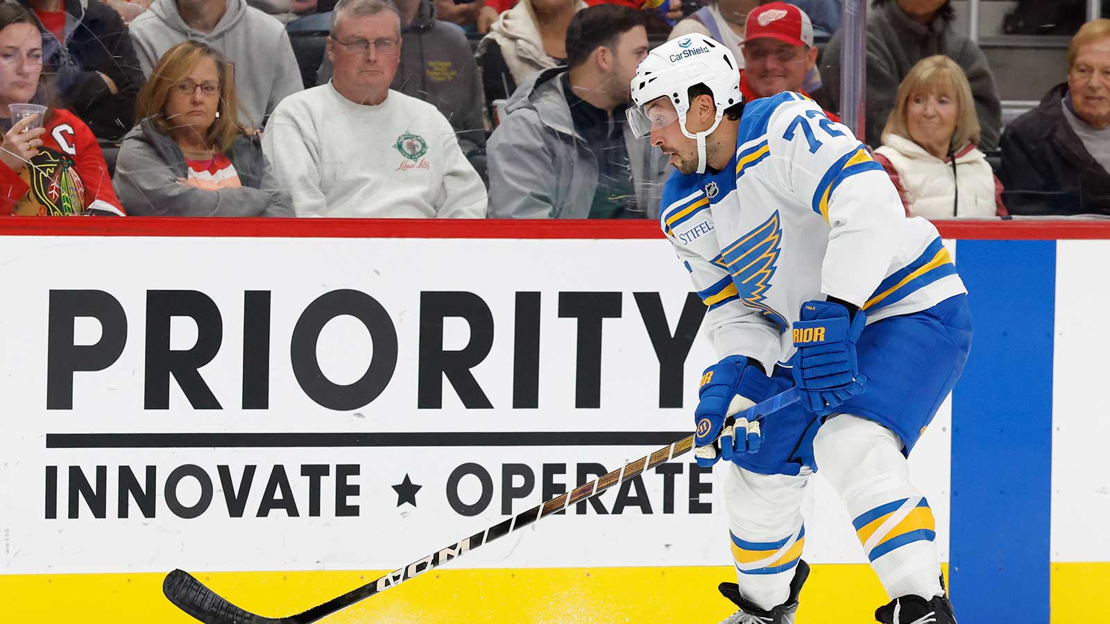 St. Louis Blues defenseman Justin Faulk (72) skates with the puck in the first period against the Detroit Red Wings at Little Caesars Arena.