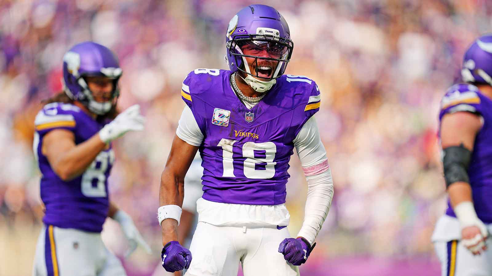 Minnesota Vikings wide receiver Justin Jefferson (18) reacts after a play against the Philadelphia Eagles during the second half at U.S. Bank Stadium.