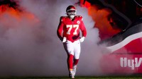 Kansas City Chiefs guard Jaylon Moore (77) takes the field prior to a game against the Washington Commanders at GEHA Field at Arrowhead Stadium.