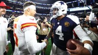 Kansas City Chiefs quarterback Patrick Mahomes (15) and Dallas Cowboys quarterback Dak Prescott (4) greet each other after the game at AT&T Stadium. Mandatory Credit: Kevin Jairaj-Imagn Images