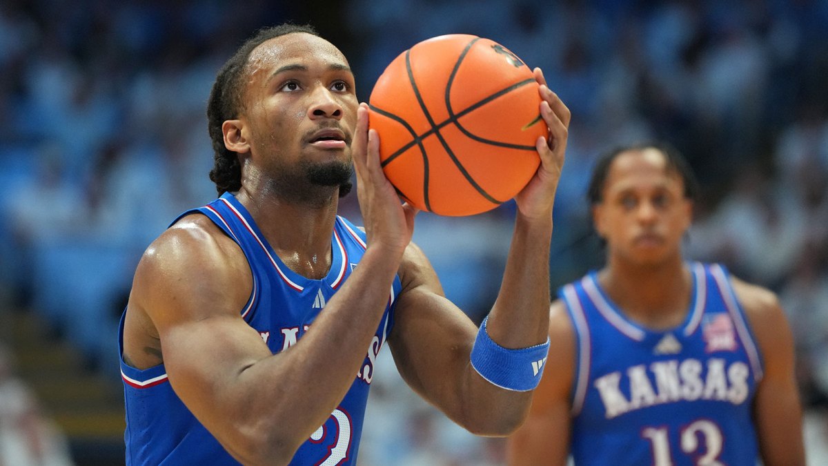 Kansas Jayhawks guard Darryn Peterson (22) on the line in the first half at Dean E. Smith Center.