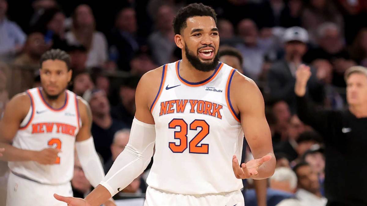 New York Knicks center Karl-Anthony Towns (32) reacts after being called for an offensive foul during the third quarter against the Minnesota Timberwolves at Madison Square Garden.