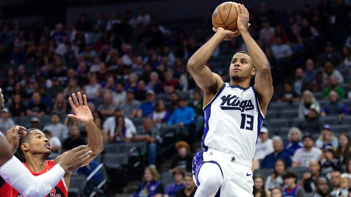 Sacramento Kings forward Keegan Murray (13) shoots the ball during the first quarter against the Toronto Raptors at Golden 1 Center.