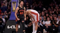 New York Knicks guard Landry Shamet (44) reacts in front of Miami Heat center Kel'el Ware (7) during the fourth quarter at Madison Square Garden.