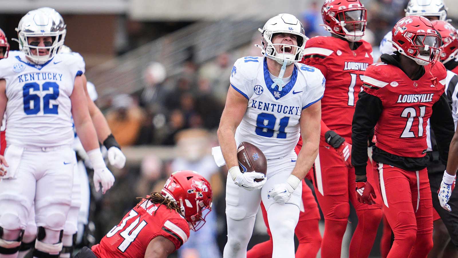 Kentucky Wildcats tight end Willie Rodriguez (81) celebrates a rare first down for the Cats against Louisville in the first half Saturday, November 29, 2025 in Louisville, Kentucky at L&N Federal Credit Union Stadium.