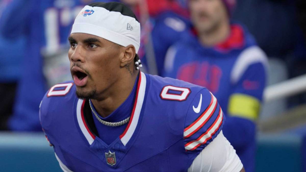 Buffalo Bills wide receiver Keon Coleman yells as he takes the field during team introductions before their home game against the Kansas City Chiefs at Highmark Stadium in Orchard Park on Nov. 2, 2025.