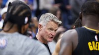 Golden State Warriors head coach Steve Kerr talks to his team before the start of a game against the Oklahoma City Thunder during the first quarter at Paycom Center.