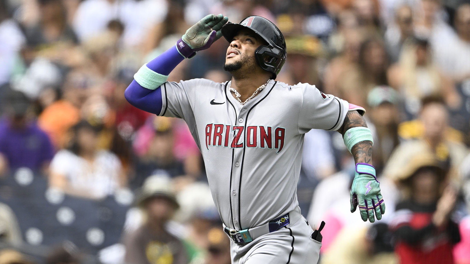 Arizona Diamondbacks second baseman Ketel Marte (4) looks skyward after hitting a solo home run during the first inning against the San Diego Padres at Petco Park. 
