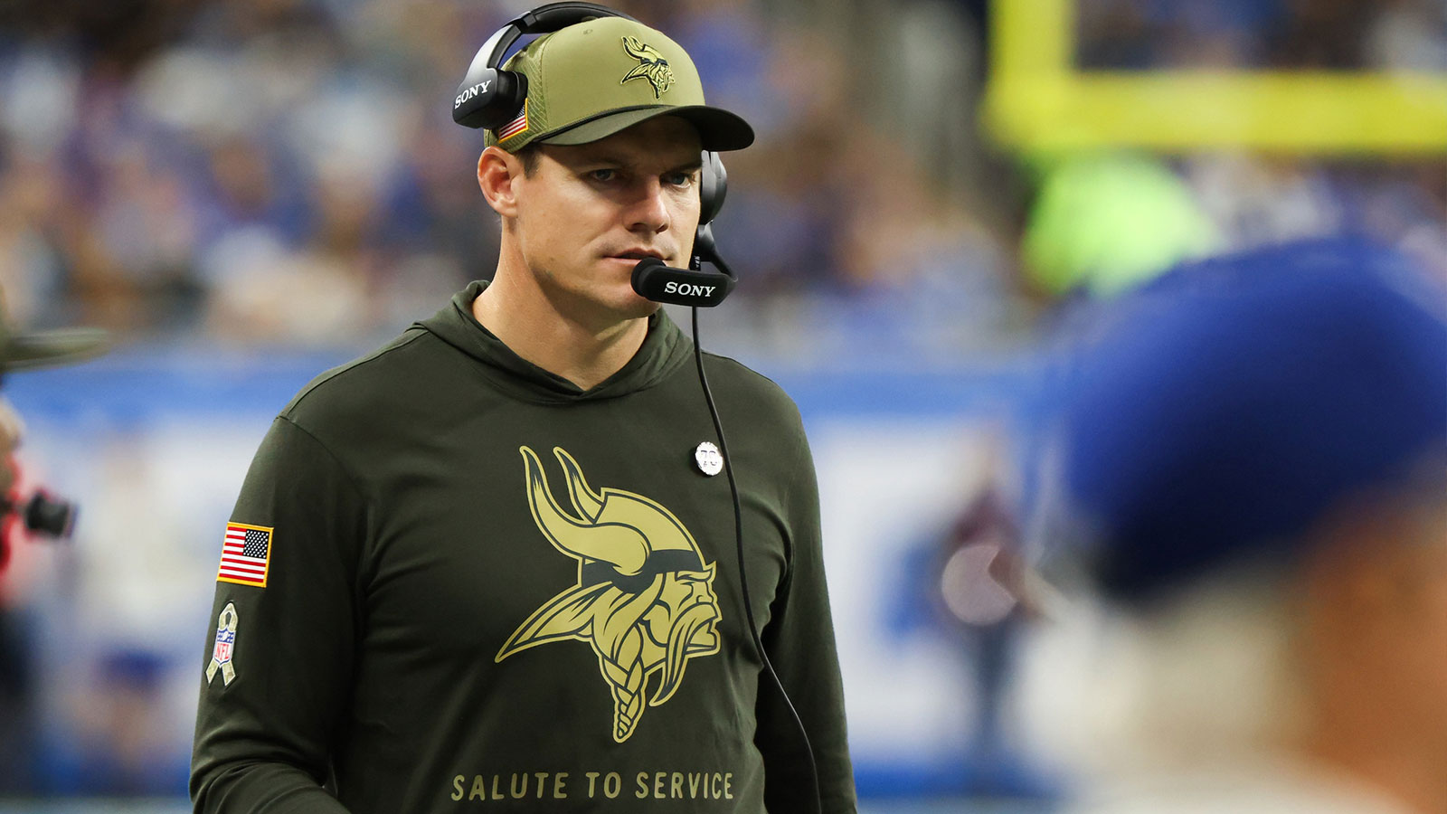 Minnesota Vikings head coach Kevin O'Connell looks on during the third quarter against the Detroi