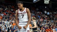 Auburn Tigers forward Keyshawn Hall (7) celebrates his dunk as Auburn Tigers take on Wofford Terriers at Neville Arena in Auburn, Ala. on Tuesday, Nov. 11, 2025. Auburn Tigers defeated Wofford Terriers 93-62.