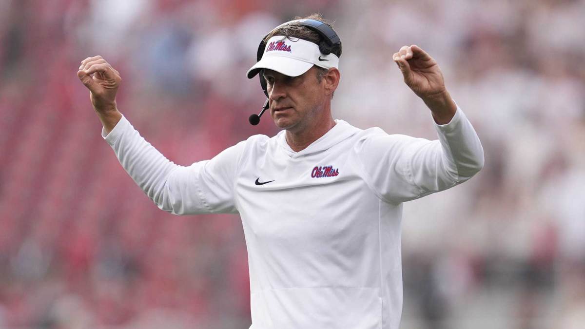 Mississippi Rebels head coach Lane Kiffin reacts during the second half of the game against the Georgia Bulldogs at Sanford Stadium.