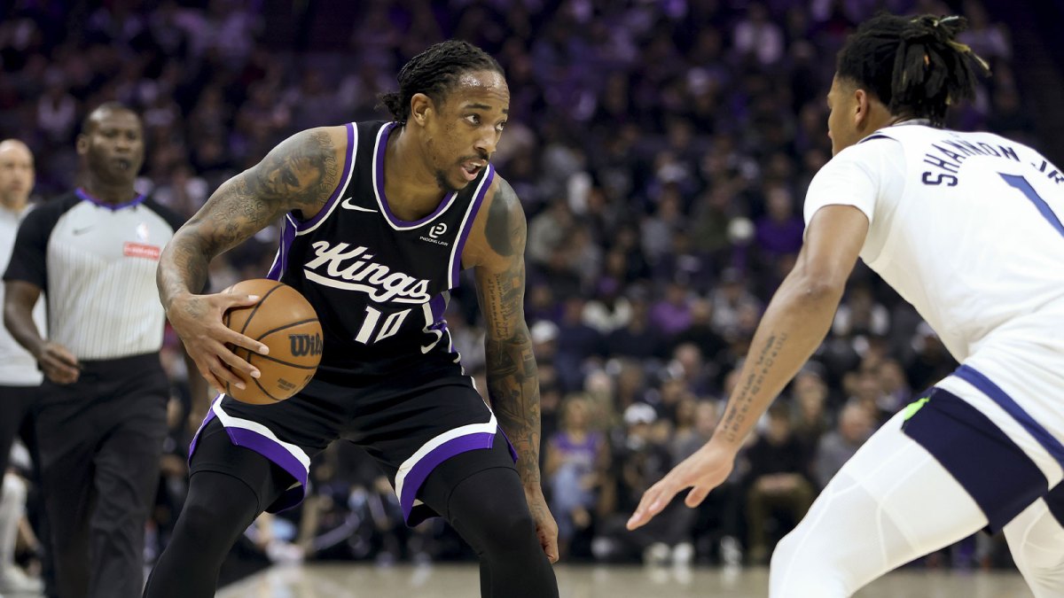 Kings forward DeMar DeRozan (10) controls the ball