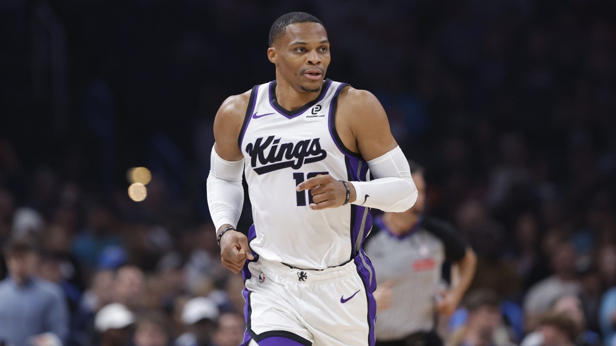 Kings guard Russell Westbrook (18) runs down the court against the Oklahoma City Thunder during the second quarter at Paycom Center with Thunder guard Ajay Mitchell in the background