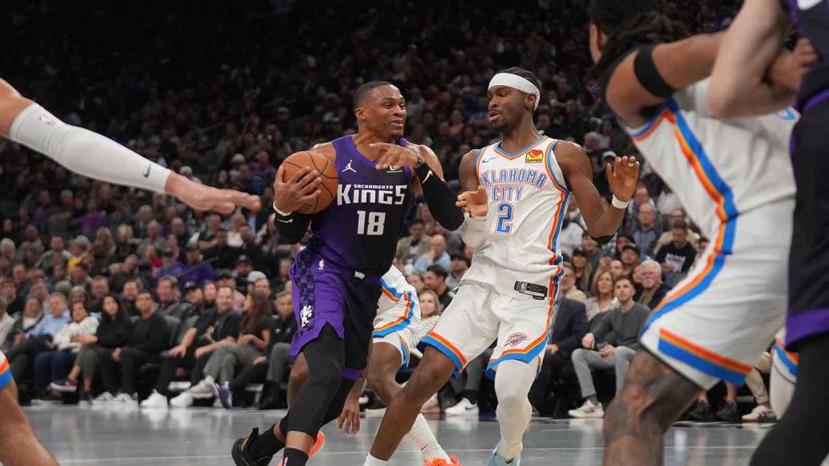 Kings guard Russell Westbrook (18) is fouled by Oklahoma City Thunder guard Shai Gilgeous-Alexander (2) in the second quarter at the Golden 1 Center