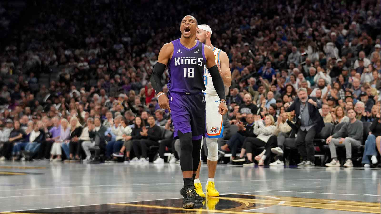 Kings guard Russell Westbrook (18) reacts after the Kings made a basket against the Oklahoma City Thunder in the second quarter at the Golden 1 Center