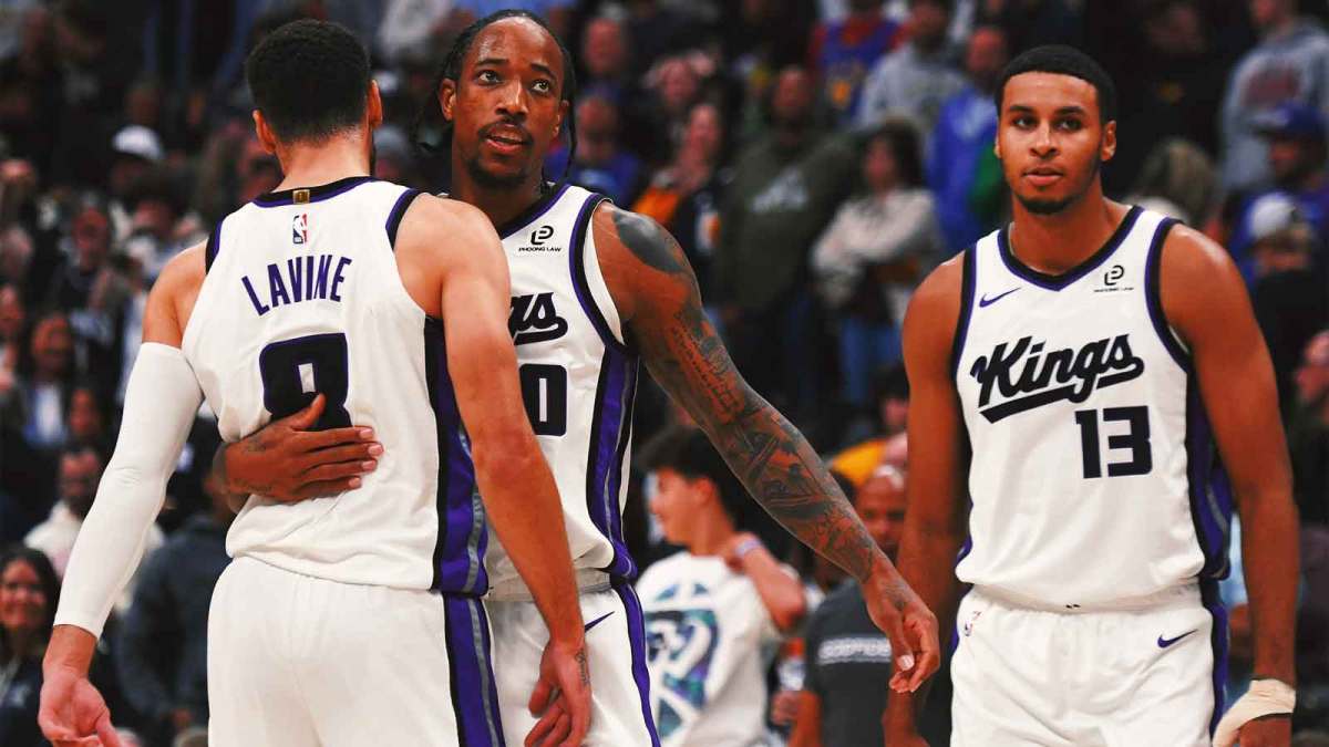 Sacramento Kings guard DeMar DeRozan (10) celebrates with guard Zach LaVine (8) after a made shot late in the second half of a win against the Denver Nuggets at Ball Arena.