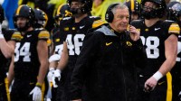 Iowa Hawkeyes head coach Kirk Ferentz is pictured on the sidelines Nov. 8, 2025 before a Big Ten Football game against the Oregon Ducks