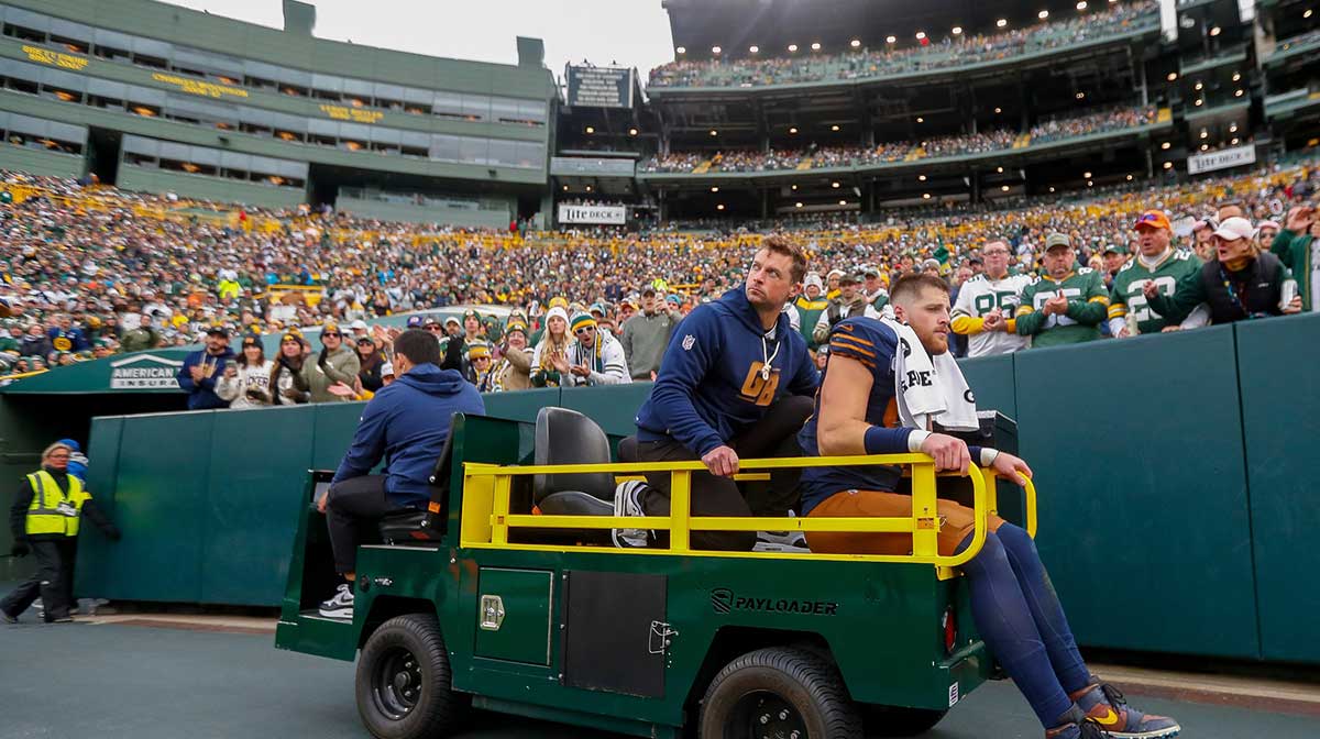 Green Bay Packers tight end Tucker Kraft is carted off the field after suffering a knee injury against the Carolina Panthers on Sunday, November 2, 2025, at Lambeau Field in Green Bay, Wis. The Panthers won the game, 16-13, on a 49-yard field goal as time expired