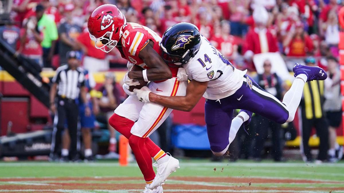 Kansas City Chiefs wide receiver Tyquan Thornton (80) scores a touchdown as Baltimore Ravens safety Kyle Hamilton (14) defends during the third quarter at GEHA Field at Arrowhead Stadium.