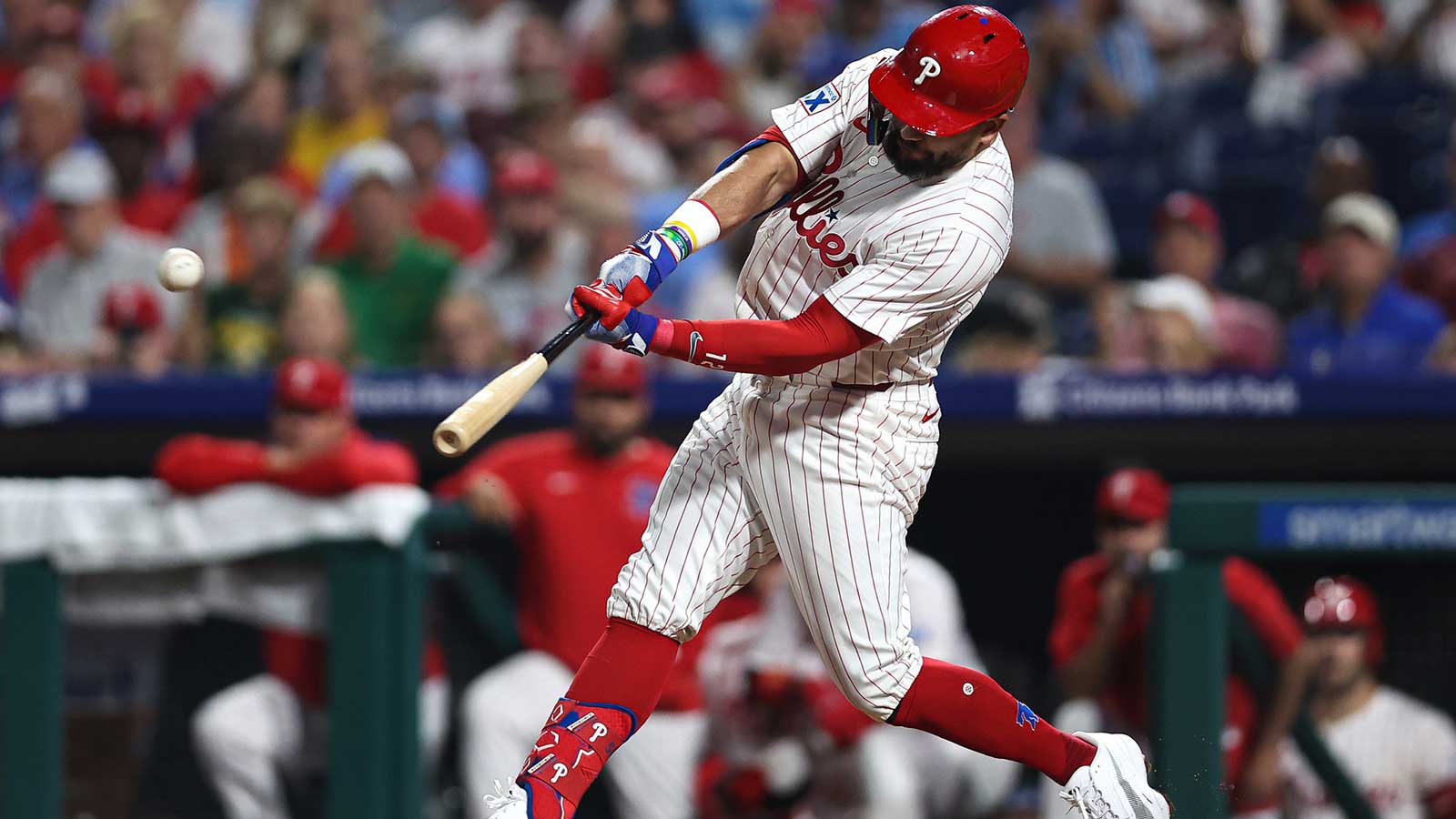 Philadelphia Phillies outfielder Kyle Schwarber (12) hits his second home run of the game during the seventh inning against the Miami Marlins at Citizens Bank Park. 