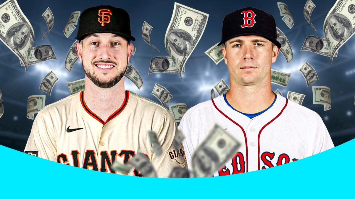 Kyle Tucker photoshopped in Giants jersey and Pete Alonso photoshopped in Red Sox jersey. Money all around the graphic.