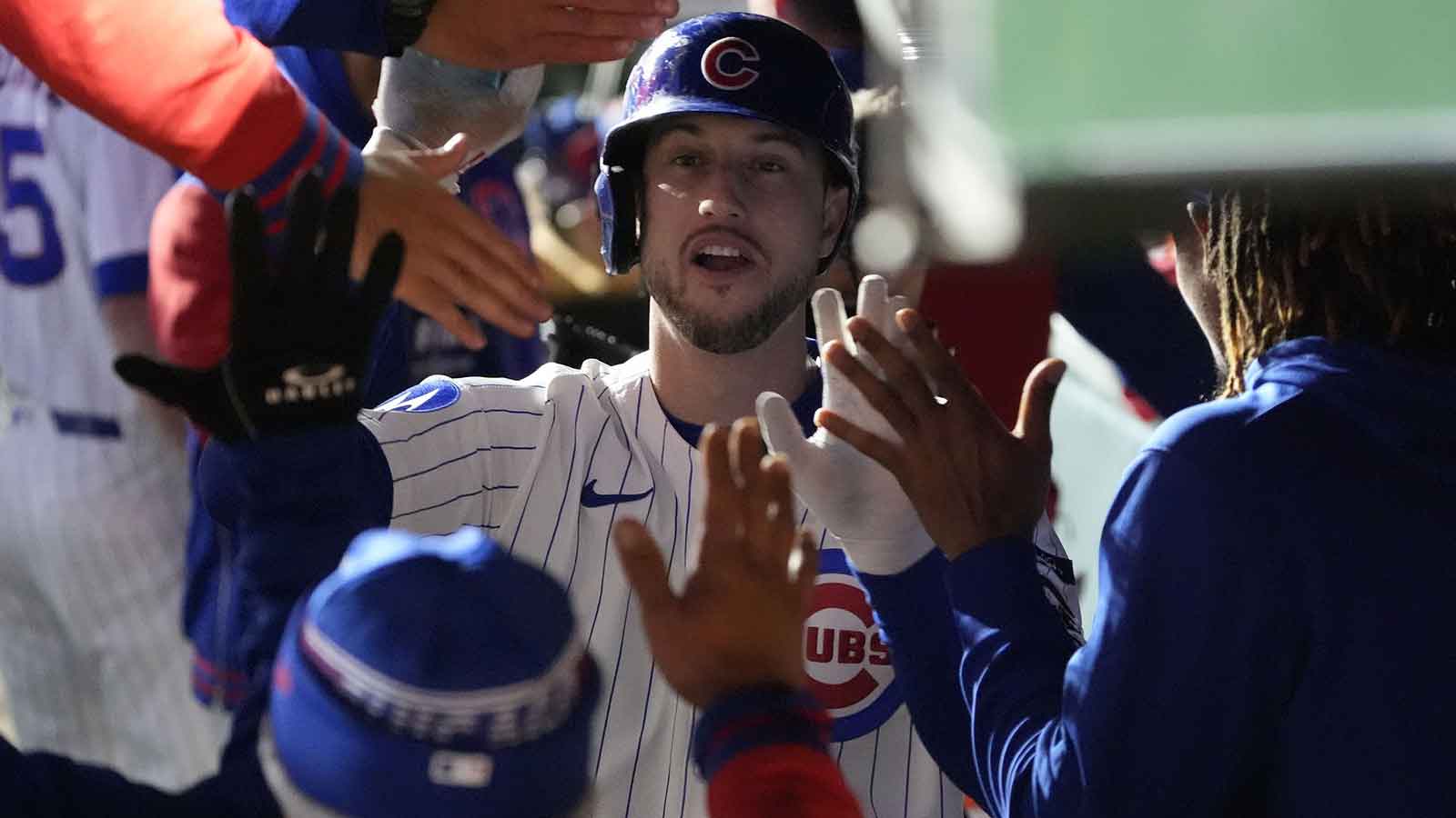 Chicago Cubs right fielder Kyle Tucker (30) reacts in the dug out after hitting a home run against the Milwaukee Brewers during the seventh inning for game four of the NLDS round for the 2025 MLB playoffs at Wrigley Field.