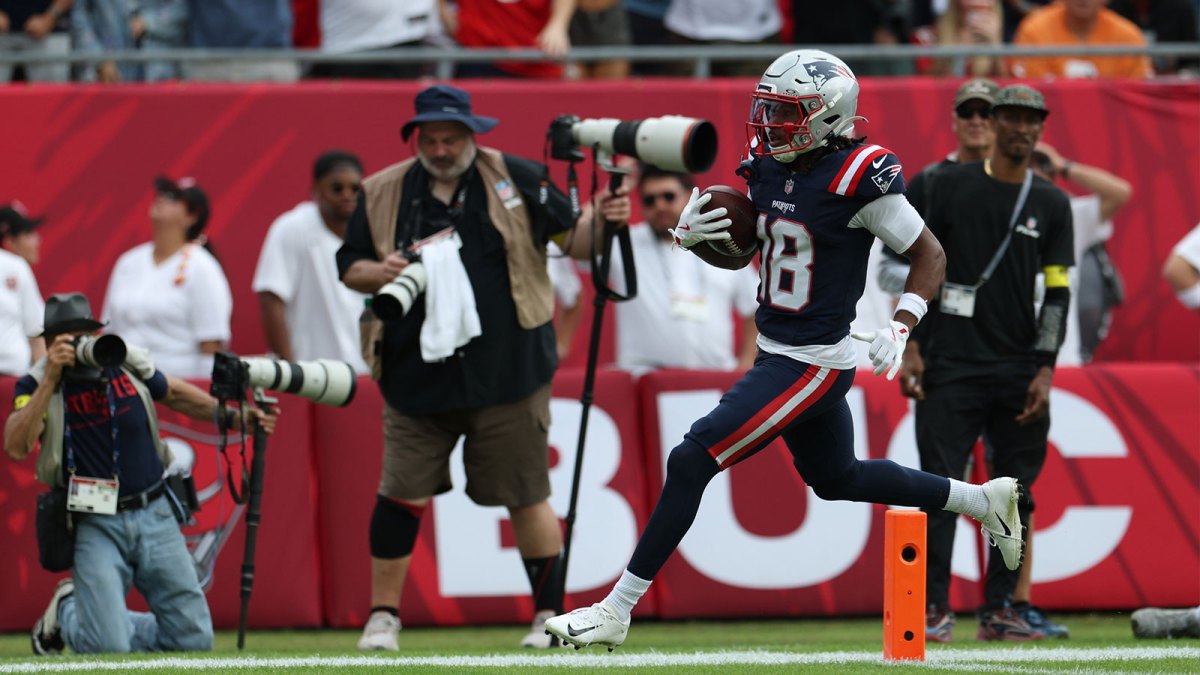 New England Patriots wide receiver Kyle Williams (18) runs for a touchdown during the second quarter against the Tampa Bay Buccaneers at Raymond James Stadium.