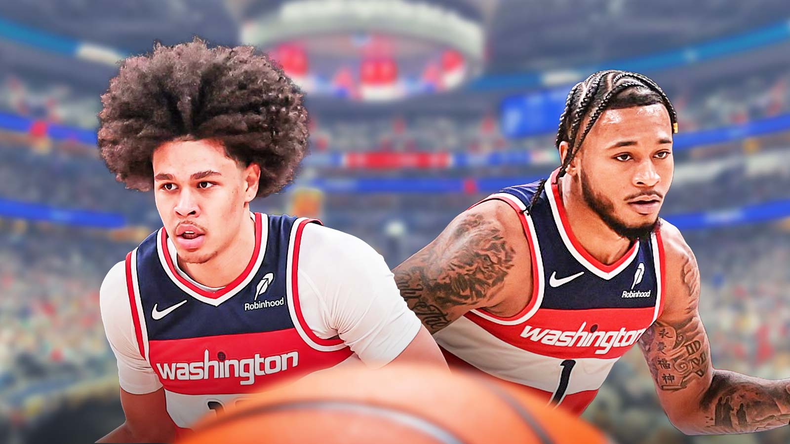 Kyshawn George and Cam Whitmore in Wizards jerseys